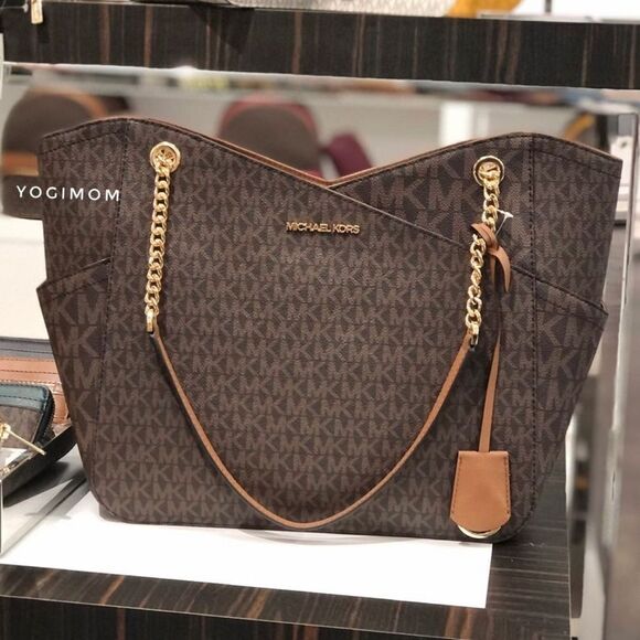MICHAEL KORS Jet Set Travel Logo Large Chain Shoulder Tote MK Brown Satchel - Picture 1 of 11